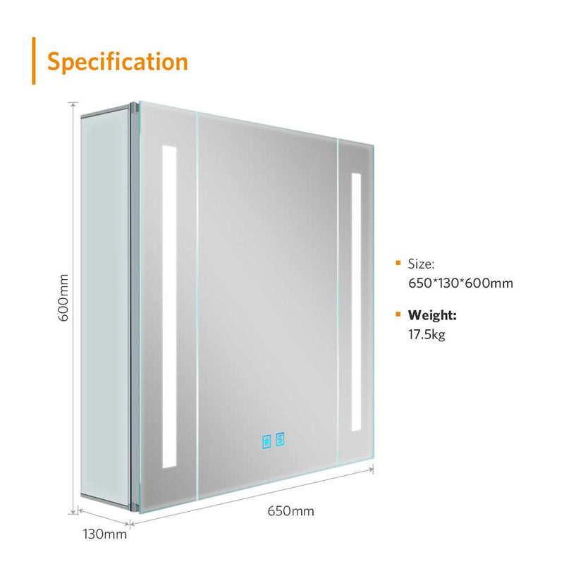 650x600mm LED Mirror Cabinet with Shaver Socket Dimmer Switch Strip Lights