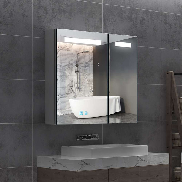 Led Illuminated Bathroom Mirror Cabinet with Shaver Socket Demister 2 Doors 650x600mm