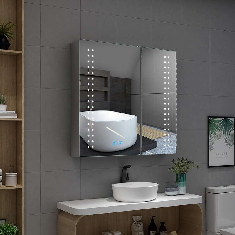 LED Mirror Cabinet with Shaver Socket Demister 2 Doors 630x650mm Spot Lights
