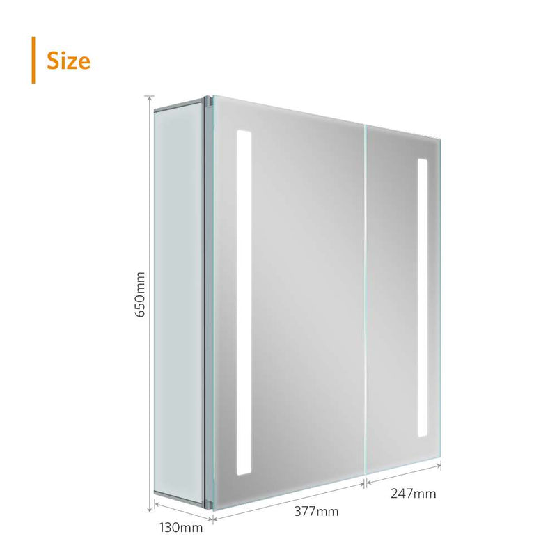 630x650mm LED Bathroom Mirror Cabinet with Shaver Socket 2 Doors IR Switch