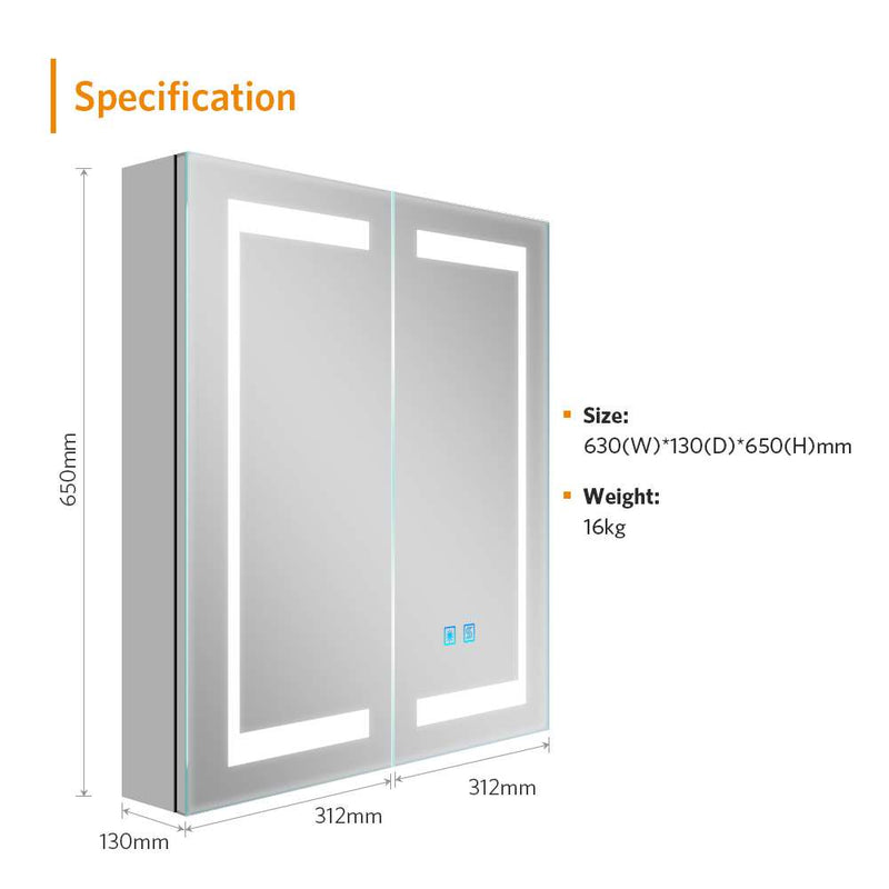 630x650mm LED Illuminated Mirror Cabinet with Adjustable Color Shaver Socket 2 Doors