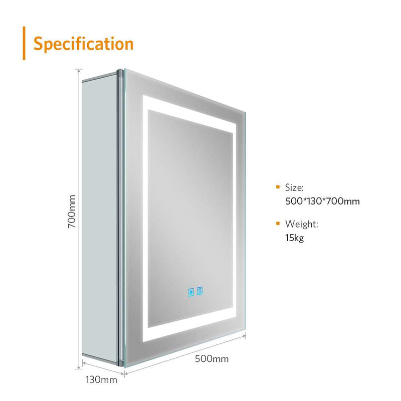 500x700mm LED Bathroom Mirror Cabinet with Ambient Lighting Shaver Socket Demister