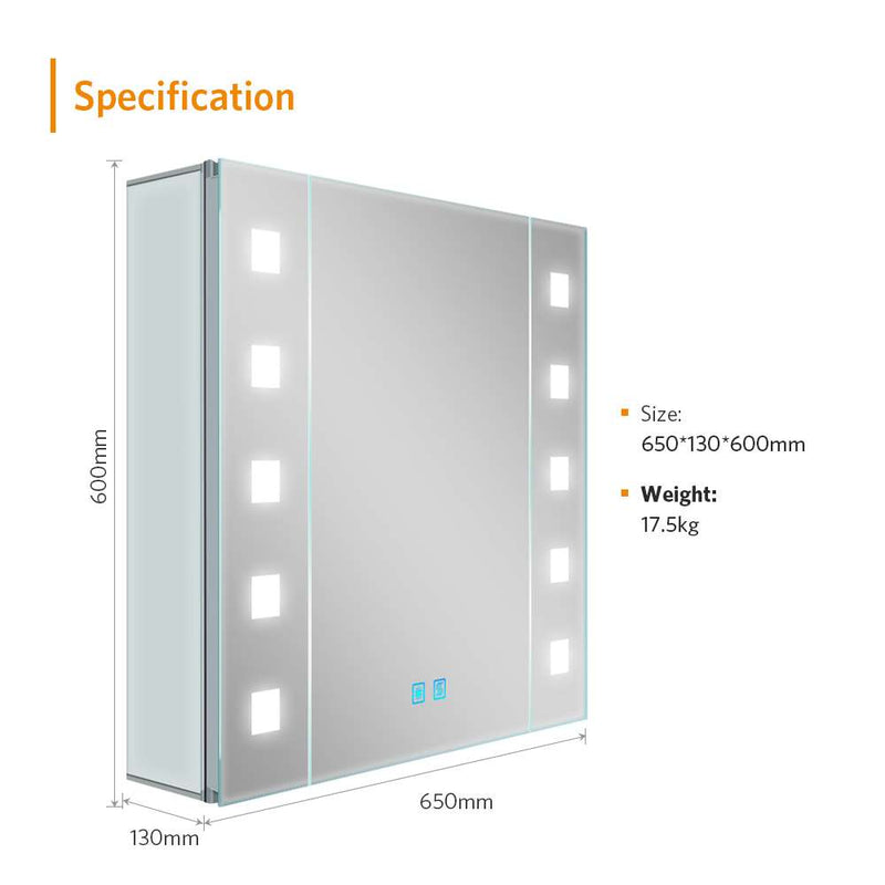 650x600mm LED Mirror Cabinet with Shaver Socket Dimmer Switch Square Lights