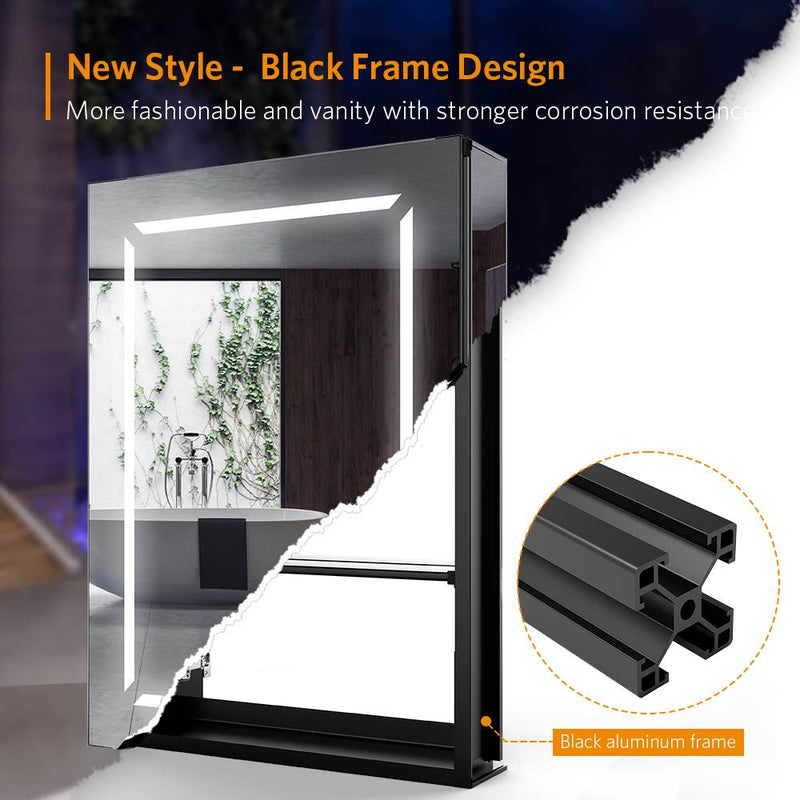 LED Black Mirror Cabinet With Shaver Socket Demister Adjustable Color 500x700mm