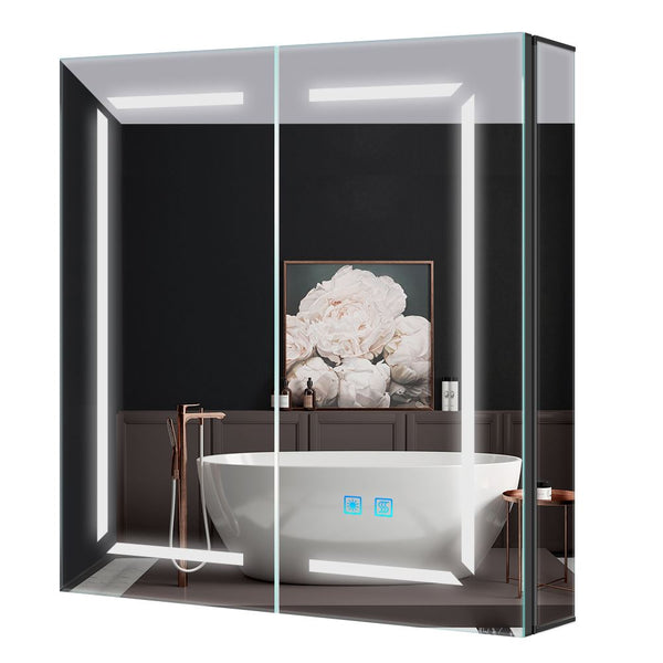 600x700mm LED Black Bathroom Mirror Cabinet with Shaver Socket Adjustable Color 2 Doors