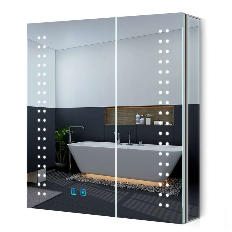 630x650mm LED Mirror Cabinet with Shaver Socket Demister 2 Doors Spot Lights