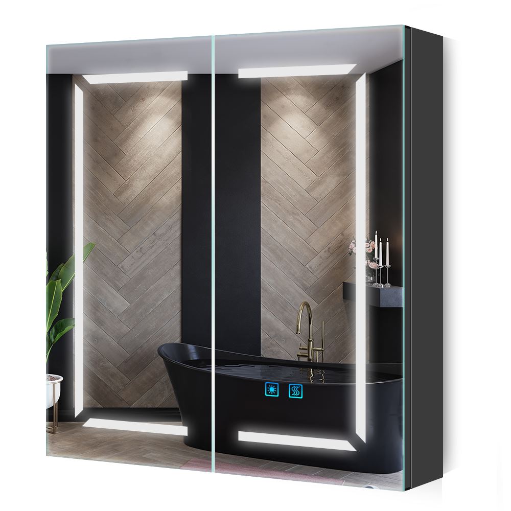 LED Black Bathroom Mirror Cabinet with Shaver Socket Adjustable Color ...