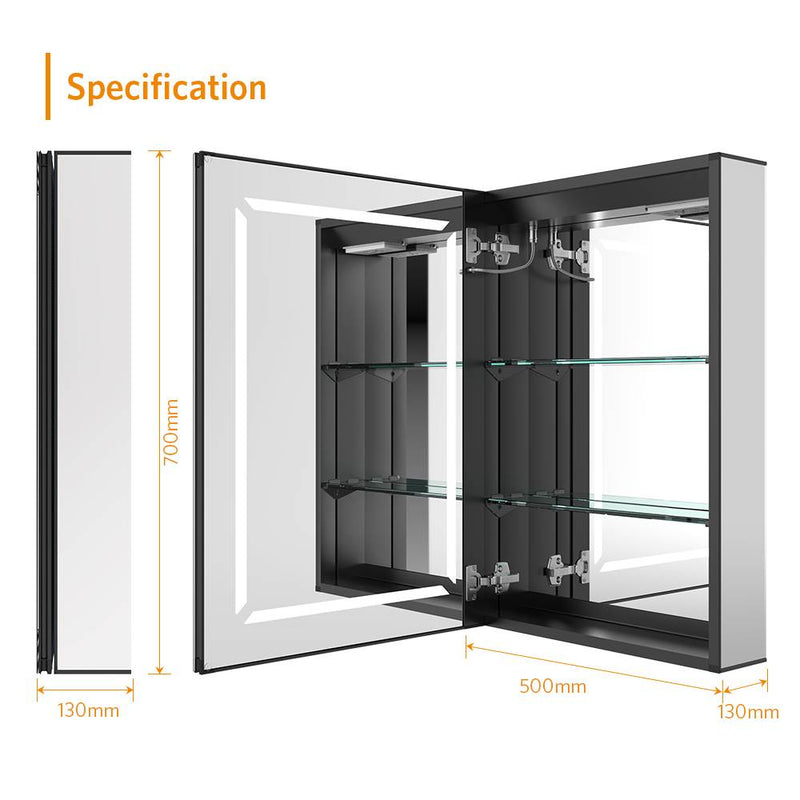 500x700mm LED Black Aluminum Mirror Cabinet with Shaver Socket Adjustable Color Demister