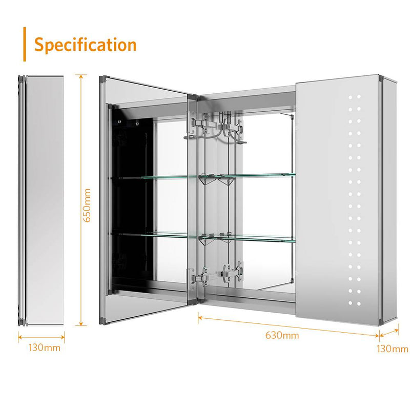 LED Mirror Cabinet with Shaver Socket Demister 2 Doors 630x650mm Spot Lights