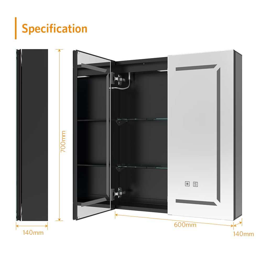 600x700mm LED Black Bathroom Mirror Cabinet with Shaver Socket Adjusta ...