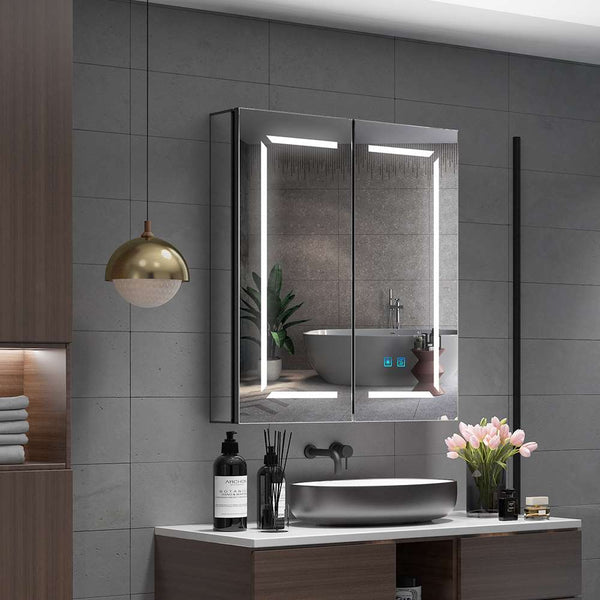 LED Black Bathroom Mirror Cabinet with Shaver Socket Adjustable Color 2 Doors 600x700mm