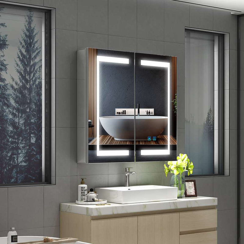 630x650mm LED Illuminated Mirror Cabinet with Adjustable Color Shaver Socket 2 Doors