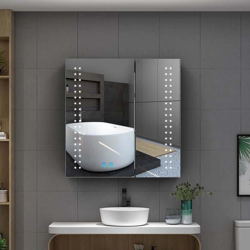 630x650mm LED Mirror Cabinet with Shaver Socket Demister 2 Doors Spot Lights