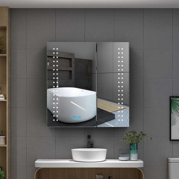 LED Mirror Cabinet with Shaver Socket Demister 2 Doors 630x650mm Spot Lights