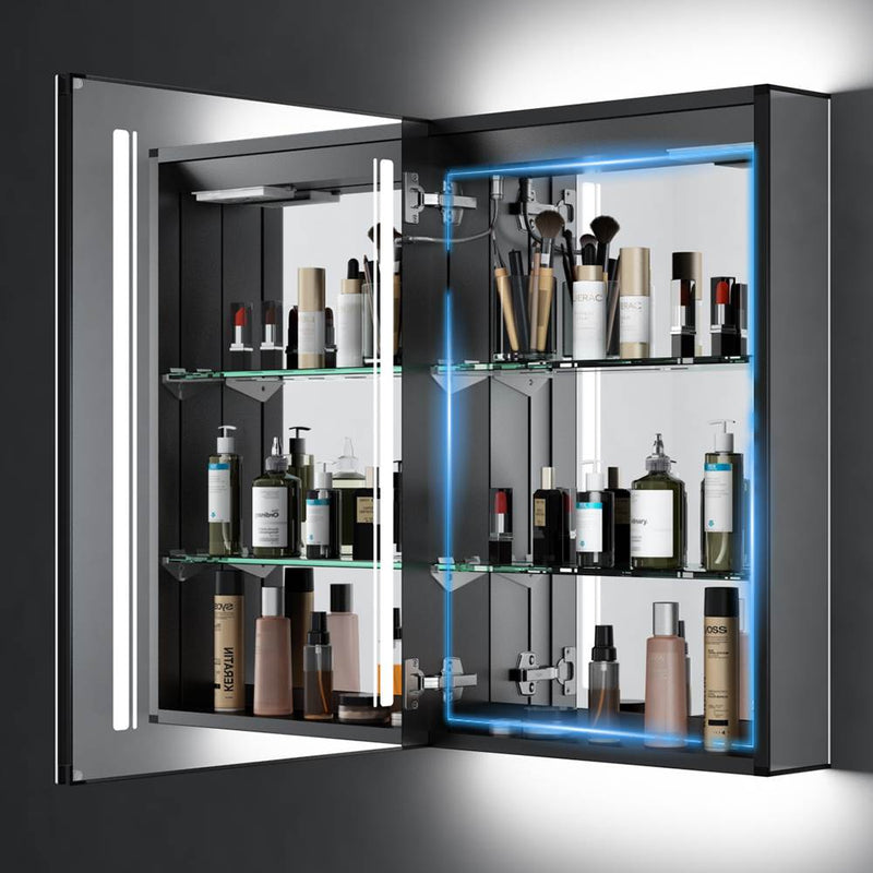 LED Illuminated Matte Black Mirror Cabinet with Shaver Socket Adjustable Color 500x700mm