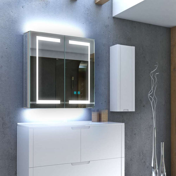 630x650mm LED Bathroom Mirror Cabinet with Ambient Lighting Shaver Socket 2 Doors