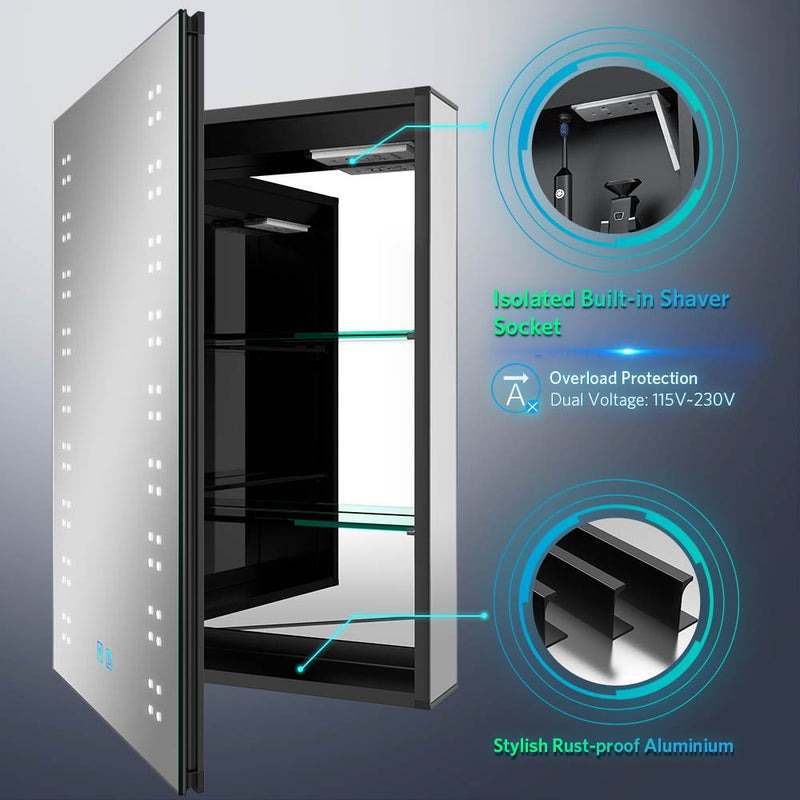 500x700mm LED Illuminated Matte Black Bathroom Mirror Cabinet with Shaver Socket