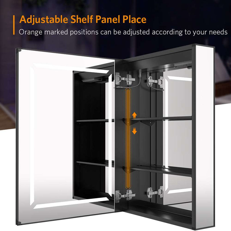 500x700mm LED Black Aluminum Mirror Cabinet with Shaver Socket Adjustable Color Demister