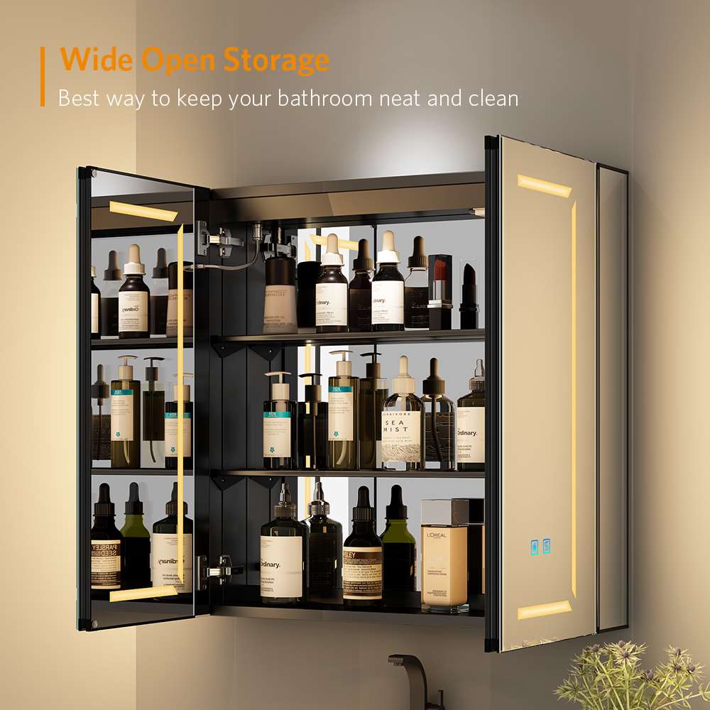 600x700mm LED Black Bathroom Mirror Cabinet with Shaver Socket Adjusta ...