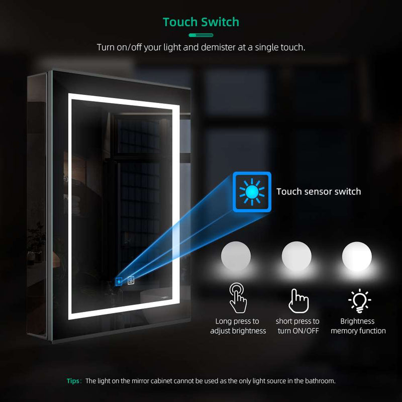 500x700mm LED Mirror Cabinet with Matt-Black Aluminum Shaver Socket Touch-Switch Anti-fog