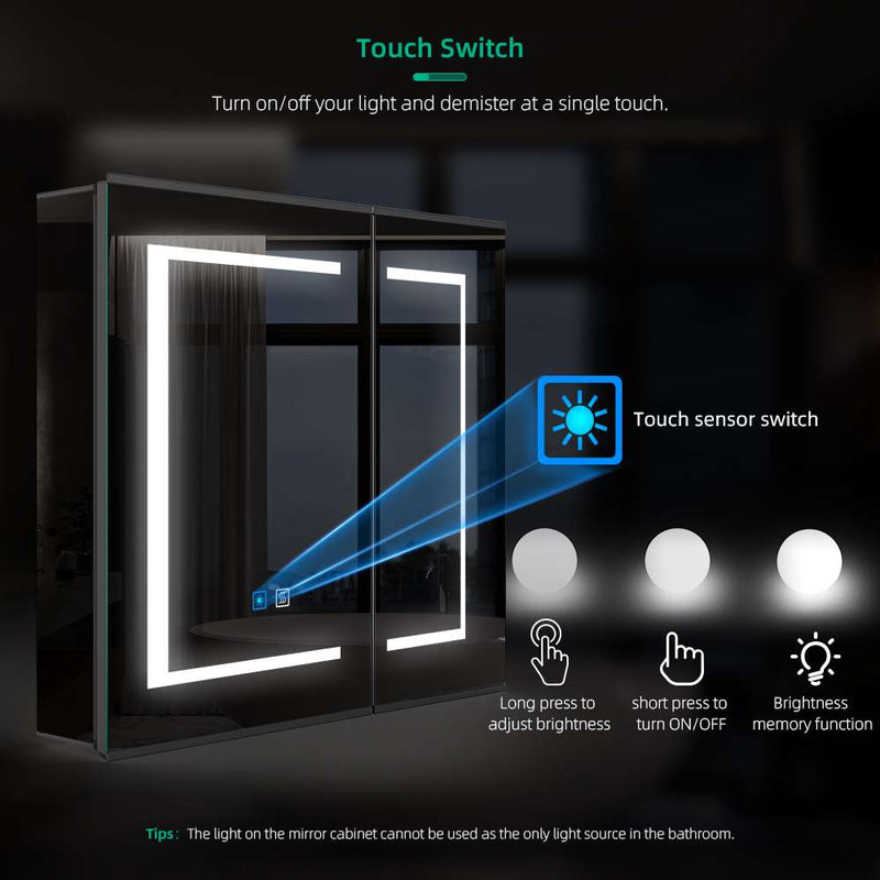 650x600mm LED Mirror Cabinet with Matt-Black Aluminum Shaver Socket Touch-Switch Anti-fog 2 Doors