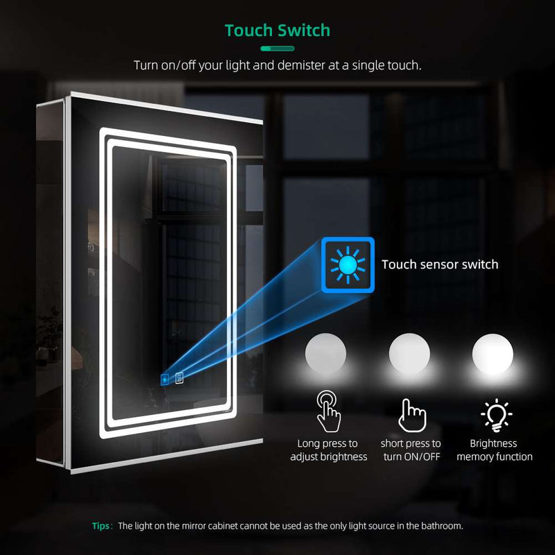 500x700mm LED Mirror Cabinet with Shaver Socket Touch-Switch Anti-fog