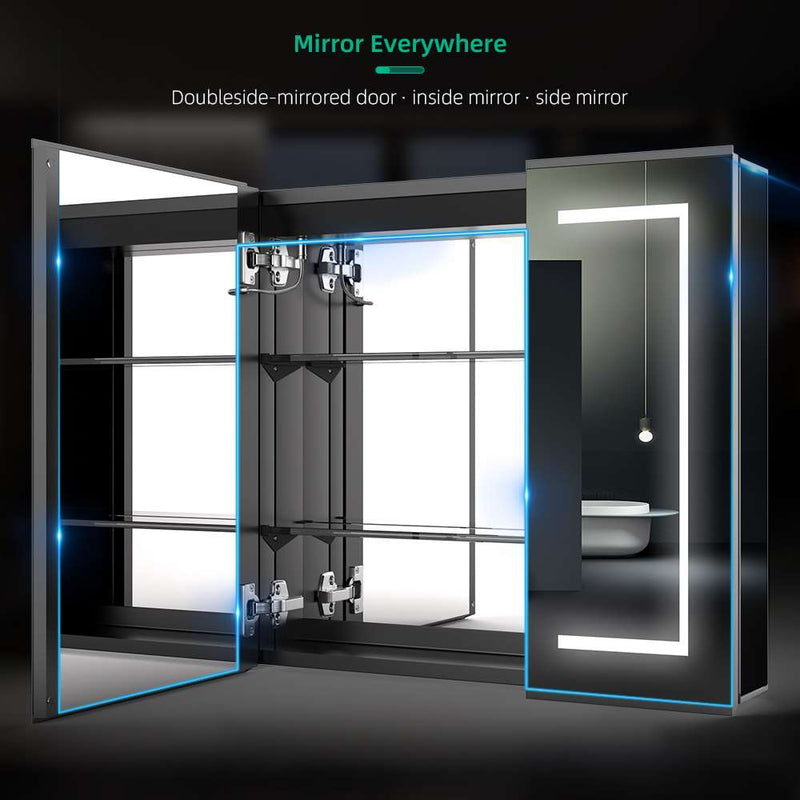 650x600mm LED Mirror Cabinet with Matt-Black Aluminum Shaver Socket Touch-Switch Anti-fog 2 Doors