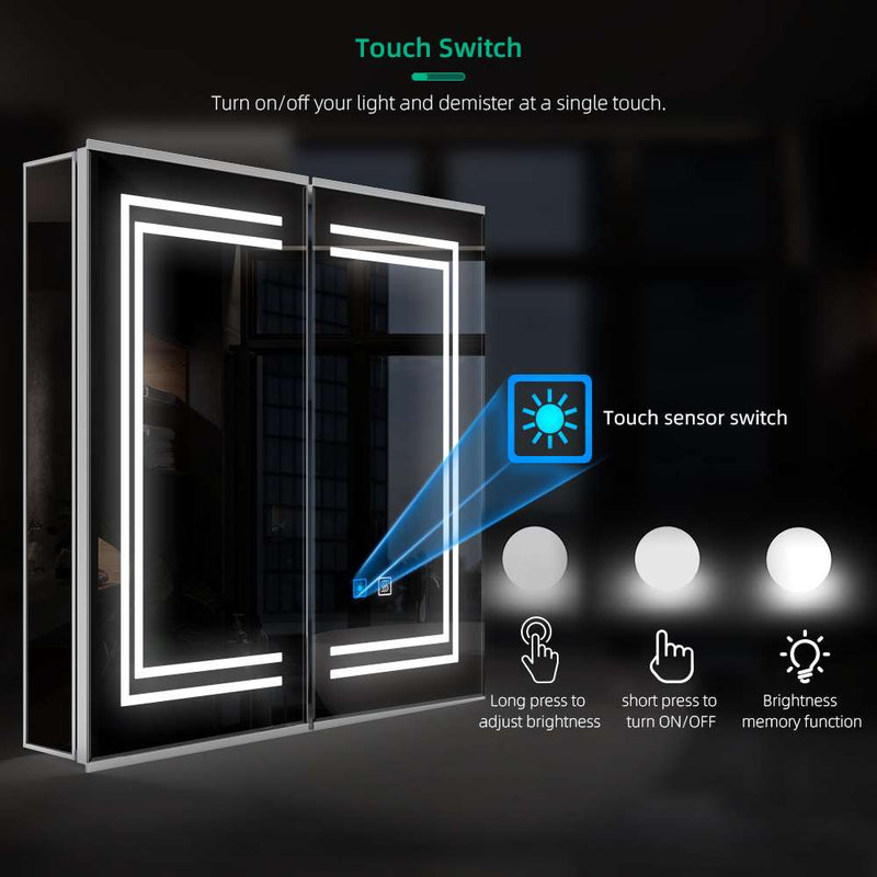 630x650mm LED Mirror Cabinet with Shaver Socket Touch-Switch Anti-fog 2 Doors