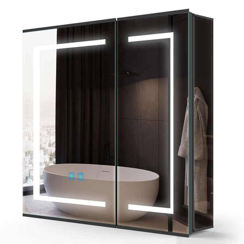 650x600mm LED Mirror Cabinet with Matt-Black Aluminum Shaver Socket Touch-Switch Anti-fog 2 Doors