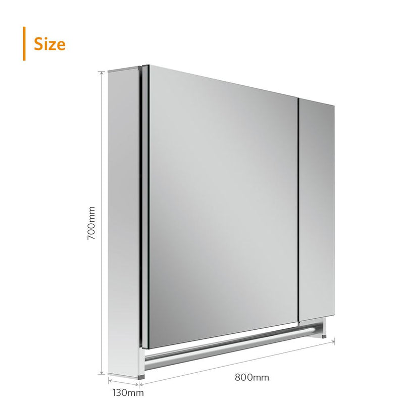 800x700mm Black Aluminum Bathroom Mirror Cabinet with Towel Rack 2 Doors