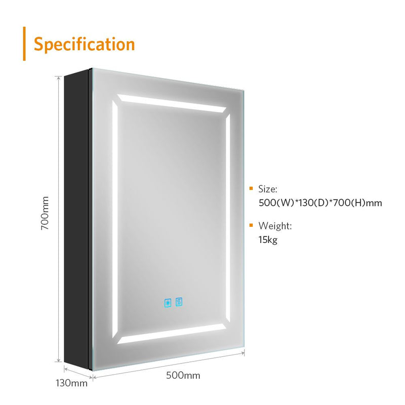 500x700mm LED Black Aluminum Mirror Cabinet with Shaver Socket Adjustable Color Demister