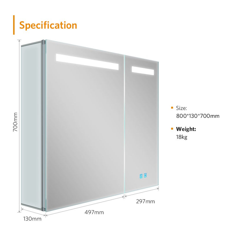 800x700mm Led Illuminated Bathroom Mirror Cabinet with Shaver Socket Demister 2 Doors