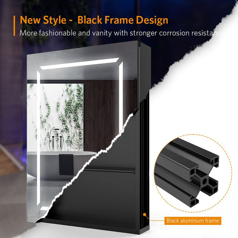 LED Black Mirror Cabinet With Shaver Socket Demister Adjustable Color 500x700mm