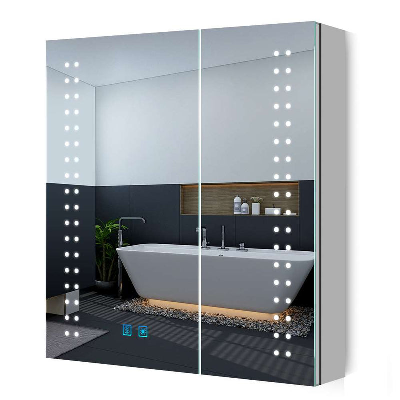 630x650mm LED Mirror Cabinet with Shaver Socket Demister 2 Doors Spot Lights