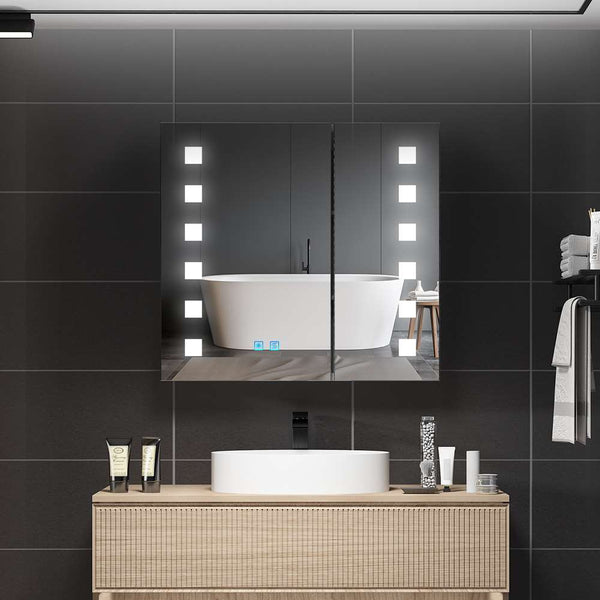 650x600mm LED Illuminated Mirror Cabinet with Shaver Socket Demister 2 Doors
