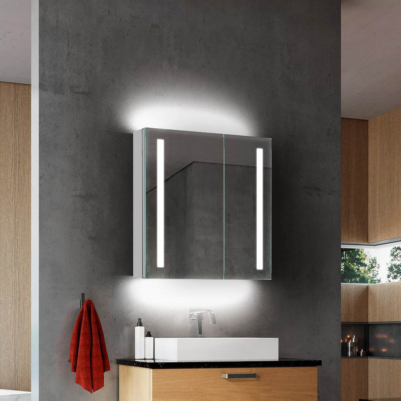 630x650mm LED Bathroom Mirror Cabinet with Shaver Socket 2 Doors IR Switch