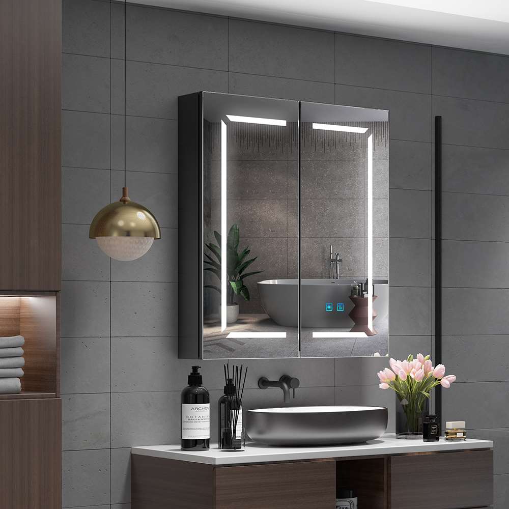 600x700mm LED Black Bathroom Mirror Cabinet with Shaver Socket Adjusta ...