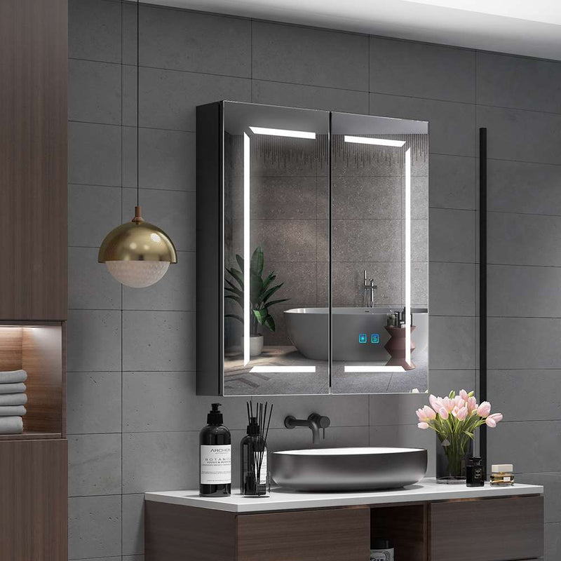 600x700mm LED Black Bathroom Mirror Cabinet with Shaver Socket Adjustable Color 2 Doors