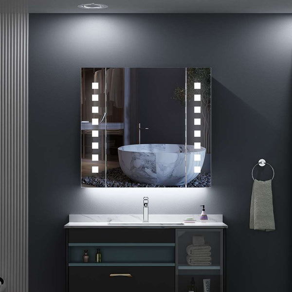 650x600mm LED Bathroom Mirror Cabinet with Shaver Socket Demister Square Lights
