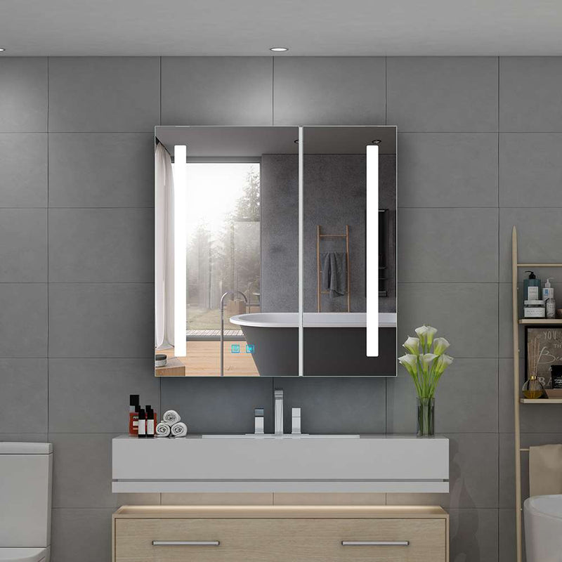 630x650mm LED Bathroom Mirror Cabinet with Shaver Socket 2 Doors Straight Lights