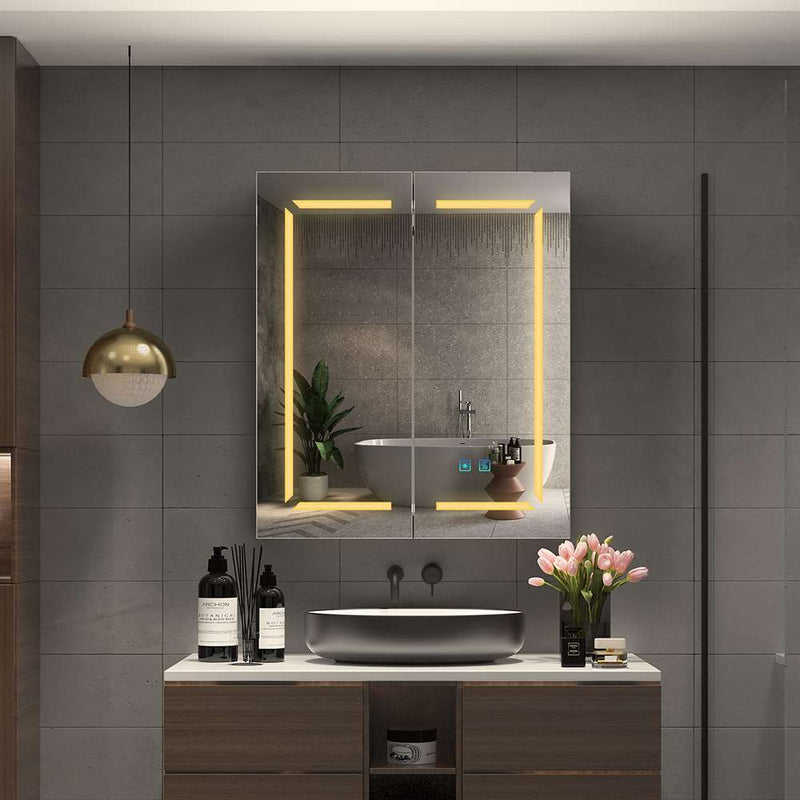 600x700mm LED Black Bathroom Mirror Cabinet with Shaver Socket Adjustable Color 2 Doors